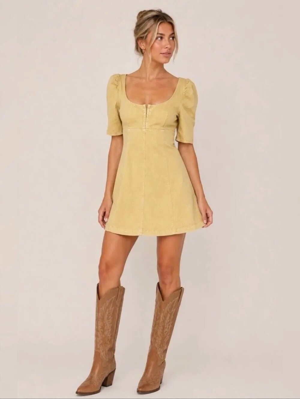 Free People Cheyenne Denim Minidress yellow gold babydoll puff sleeve small S